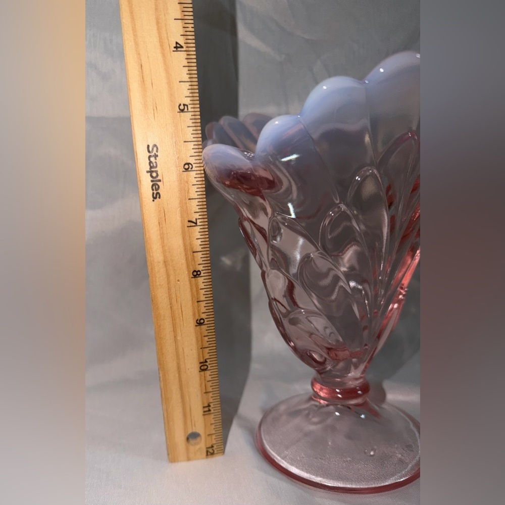 Pink Opalescent Glass Vase, Decorative, Scalloped Rim, Pedestal Base, 6.5" Tall - Picture 8 of 13